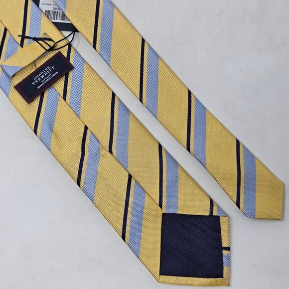 CHARLES TYRWHITT SILK TIE YELLOW BLUE TEXTURED REPP STRIPE SATIN 3.25" X 60" NEW - Picture 4 of 4